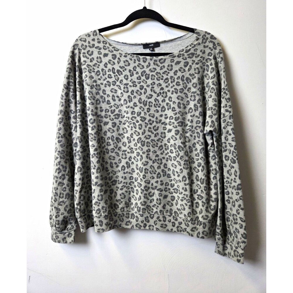 Fate Womens Gray Leopard Print Knit Boat Neck Pullover Sweater Long Sleeve S